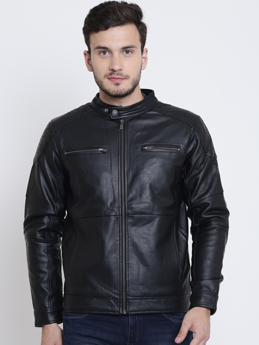 

Crimsoune Club Stand Collar Leather Jacket, Black