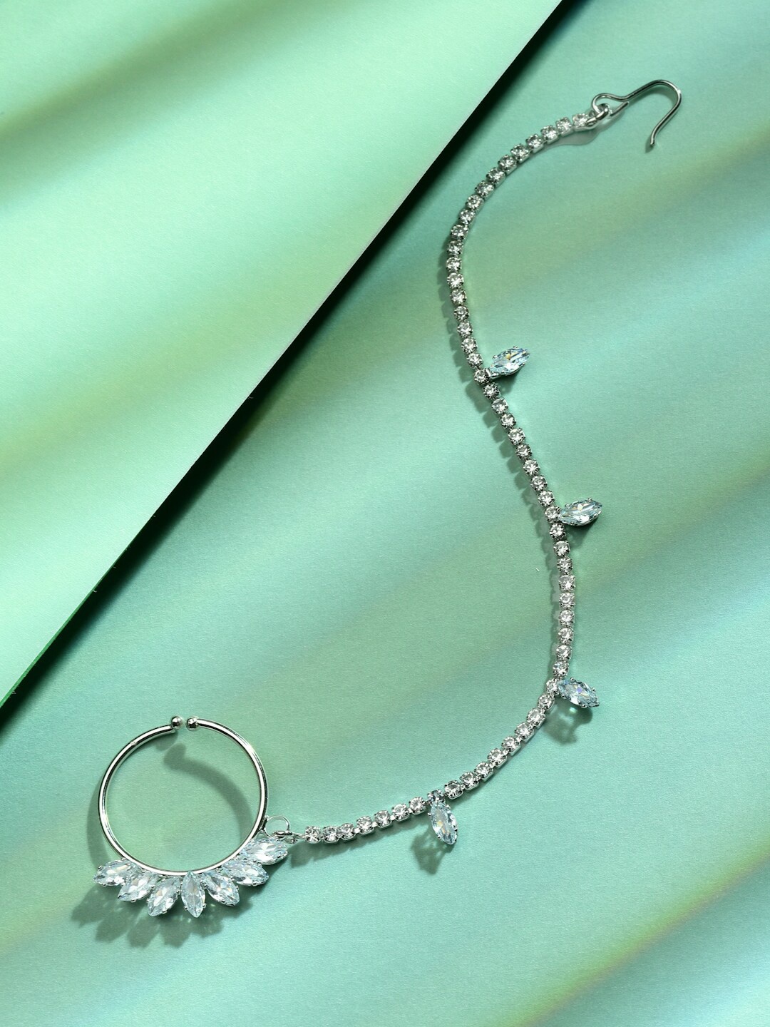 

Sanjog Silver-Plated AD & CZ Stone-Studded Chained Nosepin