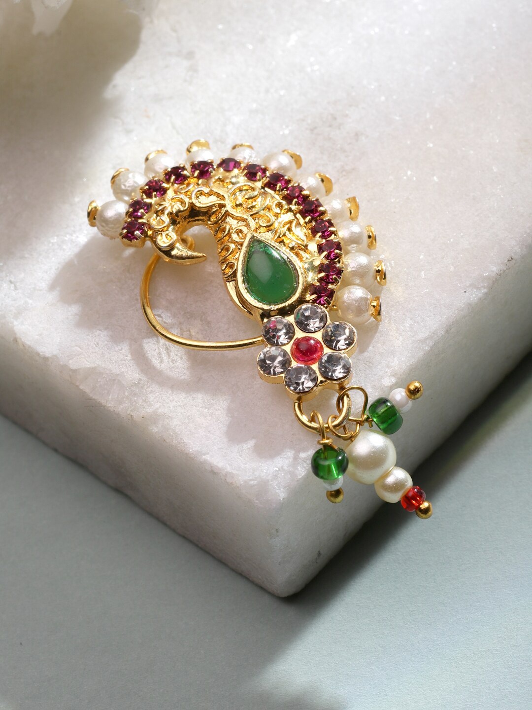 

Sanjog Gold-Plated Stone Studded & Pearl Beaded Non Piercing Maharashtrian Nosepin