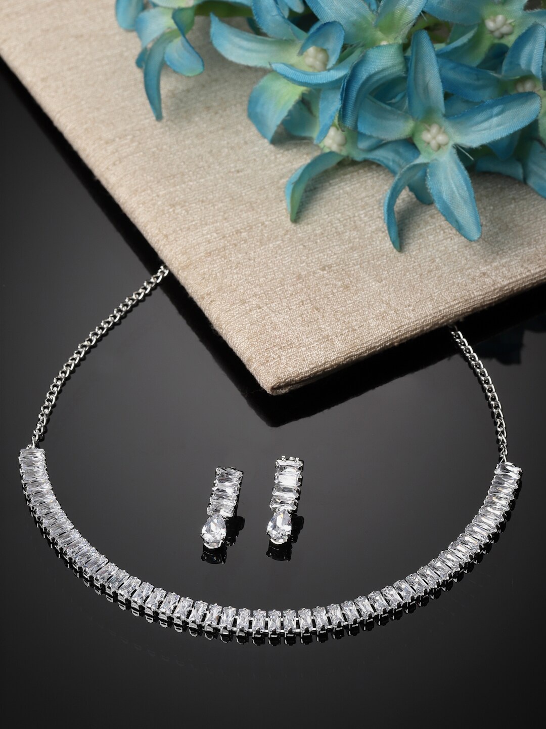 

Sanjog Rhodium-Plated AD-Studded Jewellery Set, Silver