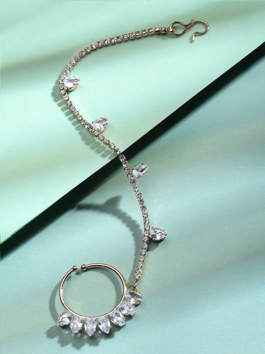 

Sanjog Gold-Plated Stone-Studded Clip-On Nosepin With Chain Extension