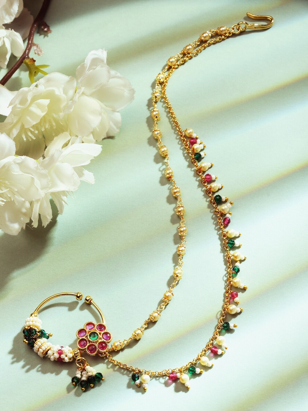 

Sanjog Gold-Plated Jadau Stone-Studded & Pearl Beaded Layered Chained Nosepin