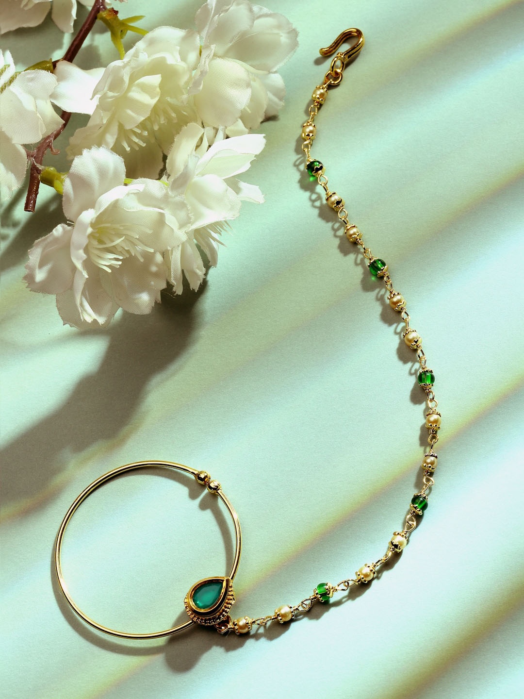 

Sanjog Gold-Plated Stone Studded & Beaded Chained Nosepin