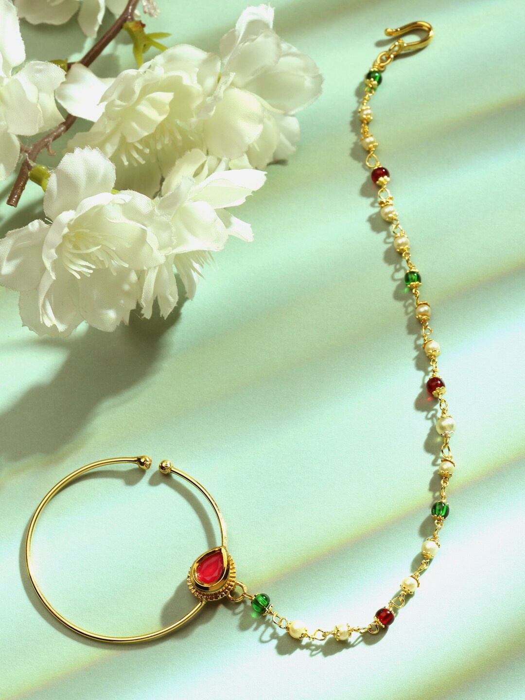 

Sanjog Gold-Plated Stone Studded & Beaded Chained Nosepin