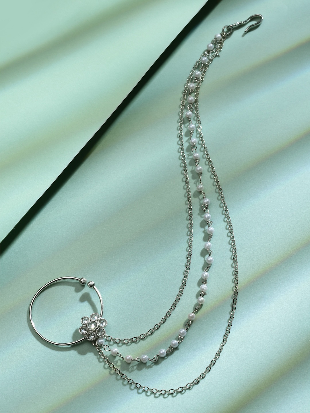 

Sanjog Silver-Plated Stone-Studded & Beaded Pearl Layered Chained Nosepin