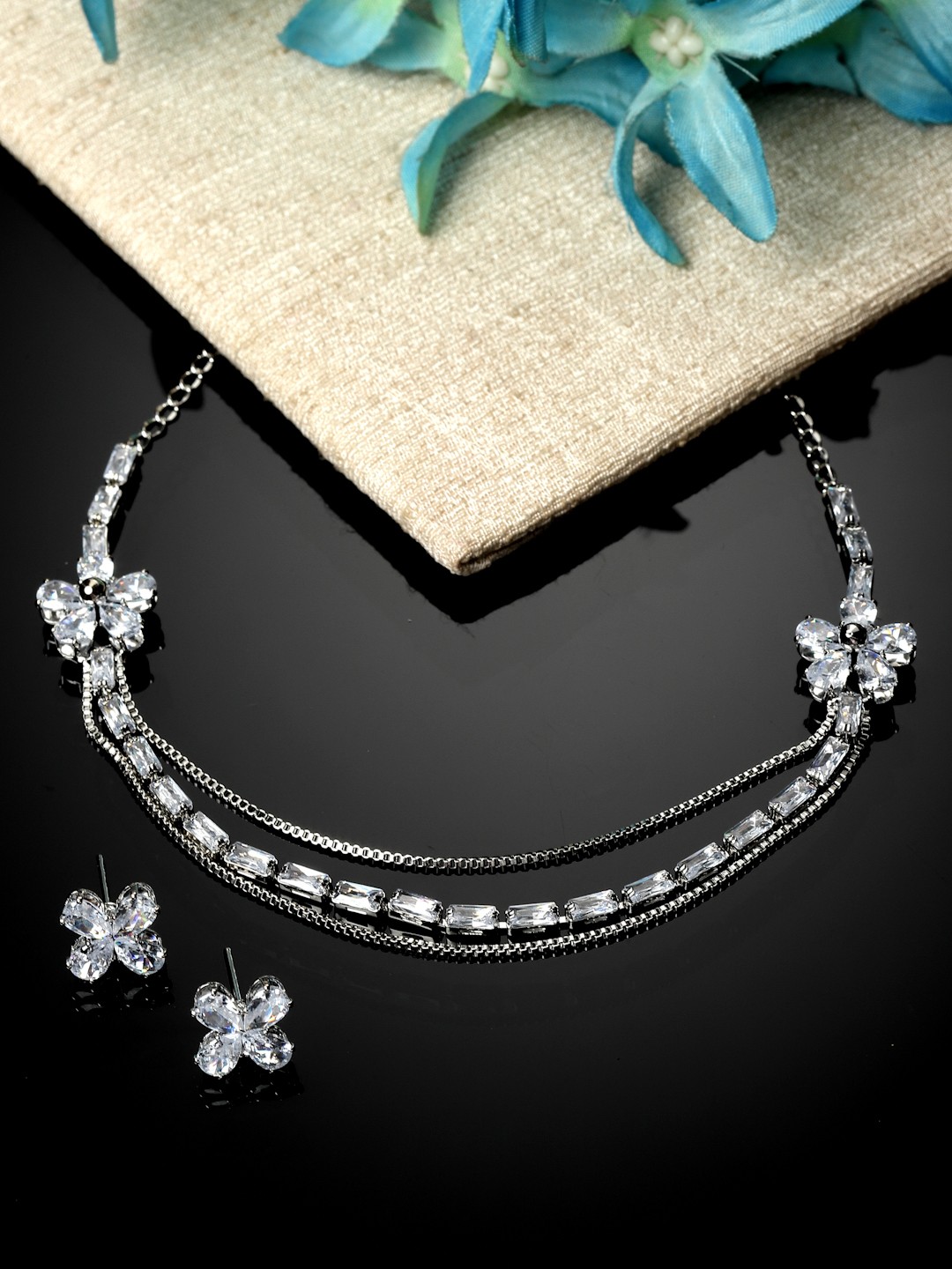 

Sanjog Rhodium-Plated AD-Studded Jewellery Set, Silver