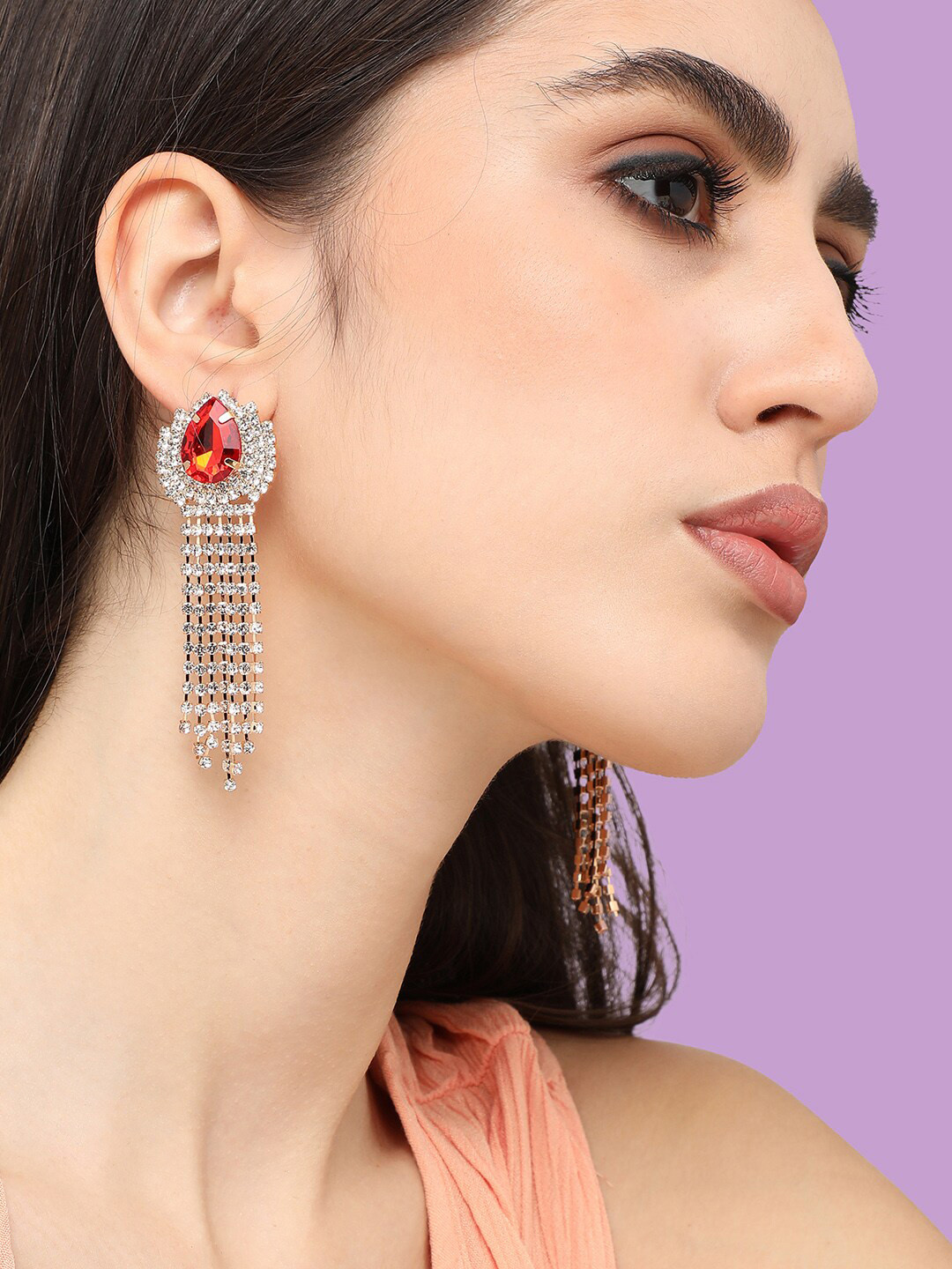 

SOHI Gold-Plated Stone-Studded Tasselled Drop Earrings