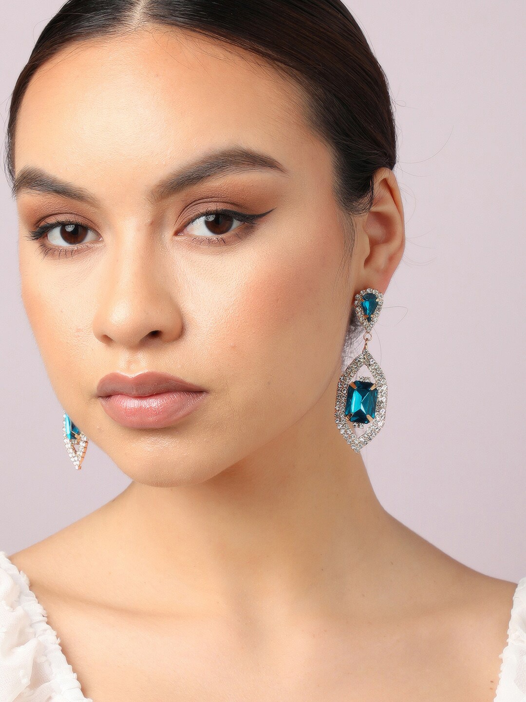 

SOHI Gold-Plated Stone Studded Contemporary Drop Earrings