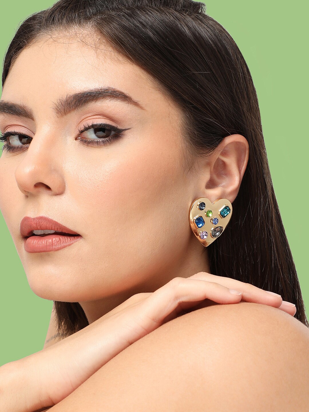 

SOHI Gold-Plated Stone-Studded Heart Shaped Studs Earrings