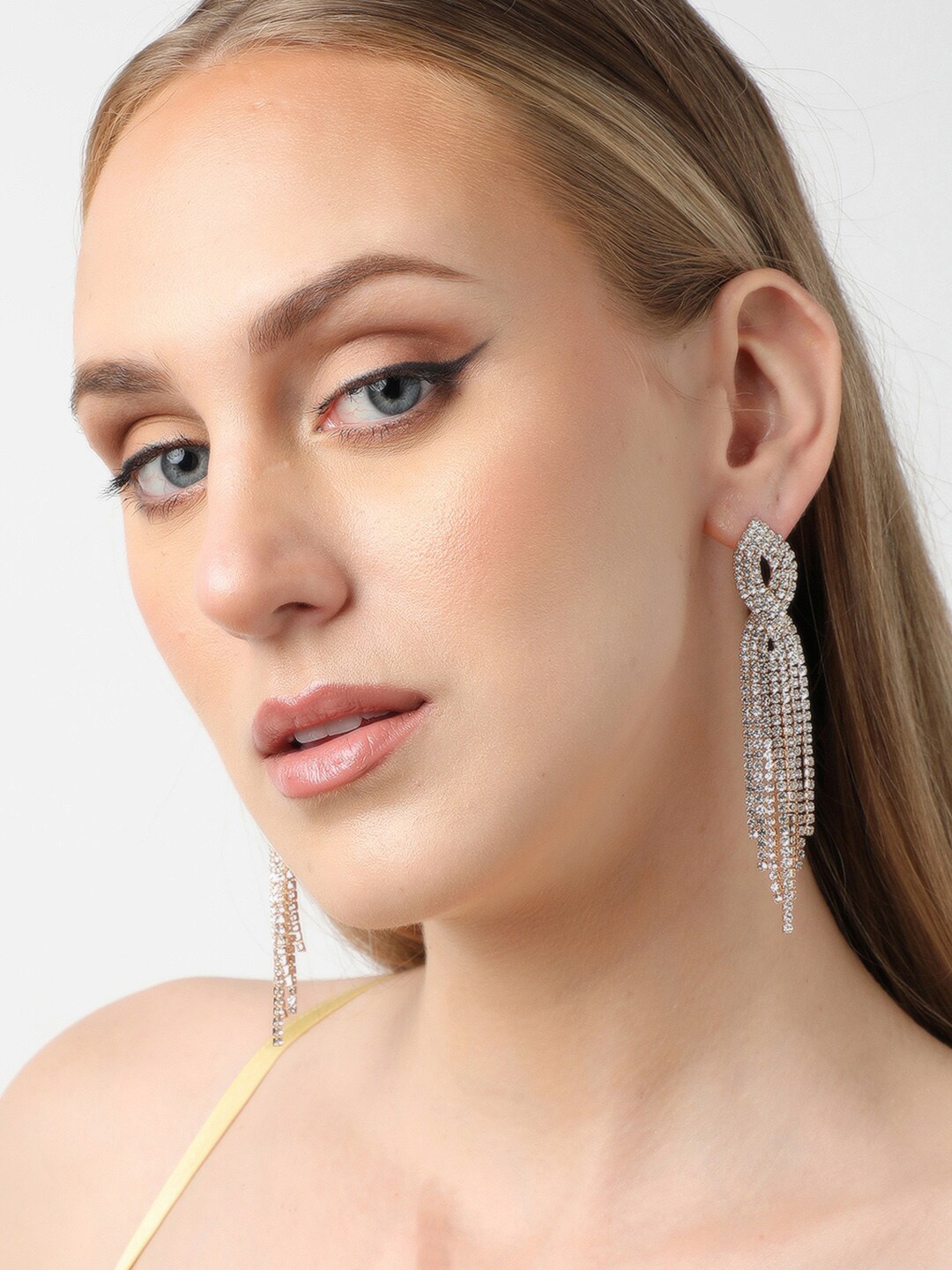 

SOHI Silver-Plated Contemporary Tasselled Stone Studded Drop Earrings