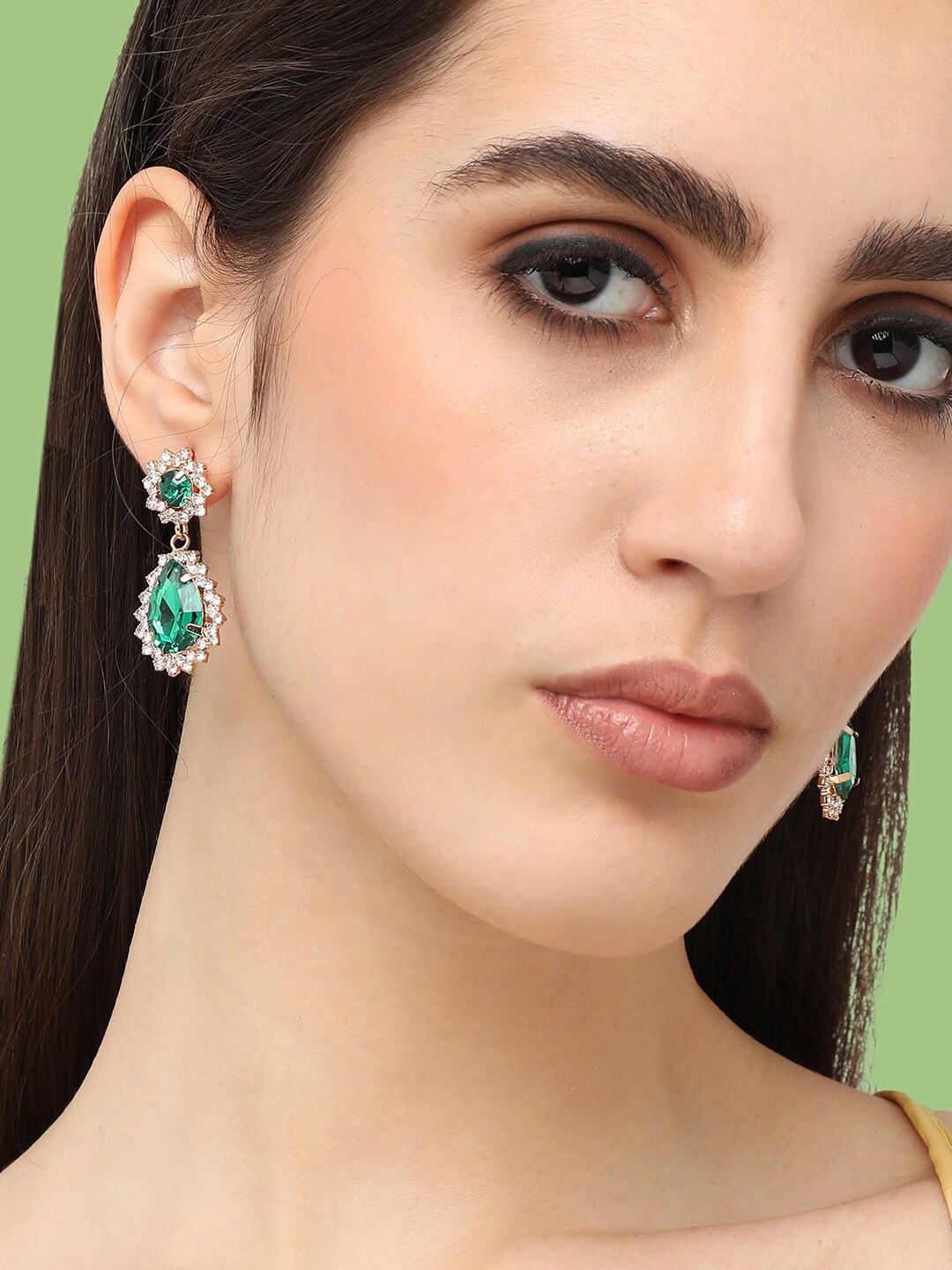 

SOHI Gold Plated Contemporary Stone Studded Drop Earrings