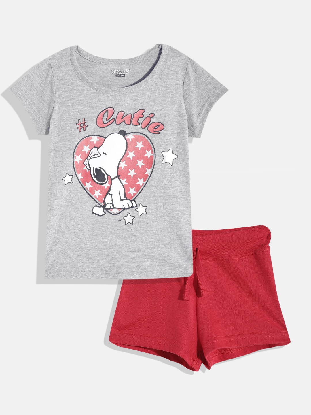 

Eteenz Girls Snoopy Print Premium Cotton T-shirts with Shorts, Grey melange