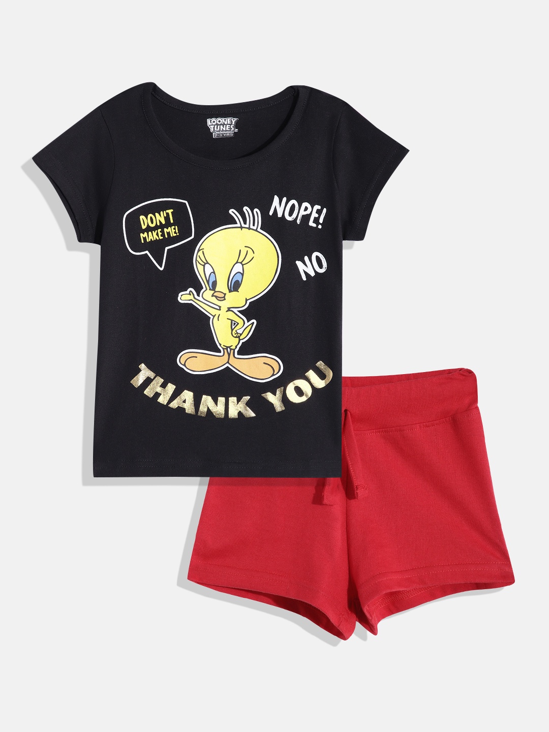 

Eteenz Girls Tweety Print Premium Cotton T-shirt & Shorts, Black