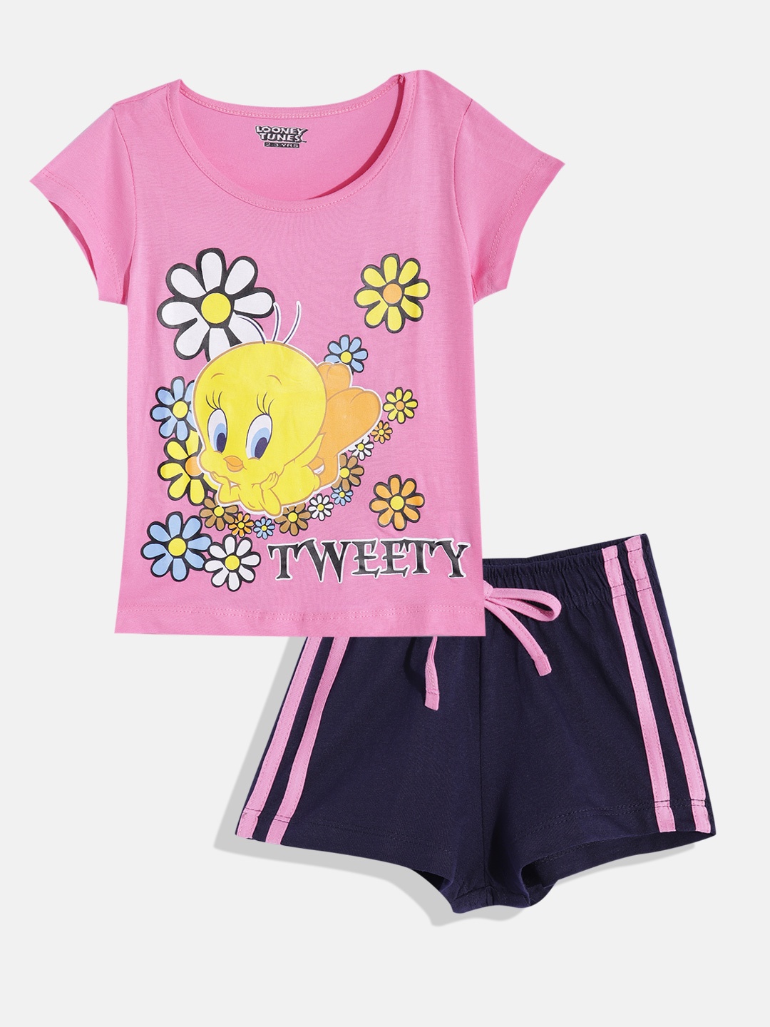 

Eteenz Girls Premium Cotton Tweety Print Top With Shorts, Pink