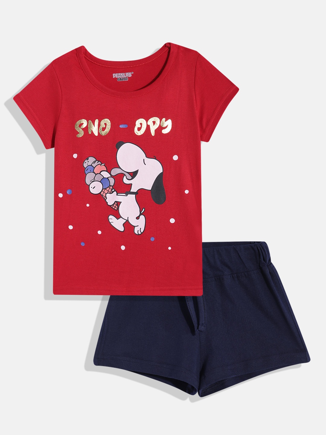 

Eteenz Girls Premium Cotton Snoopy Print Top With Shorts, Red