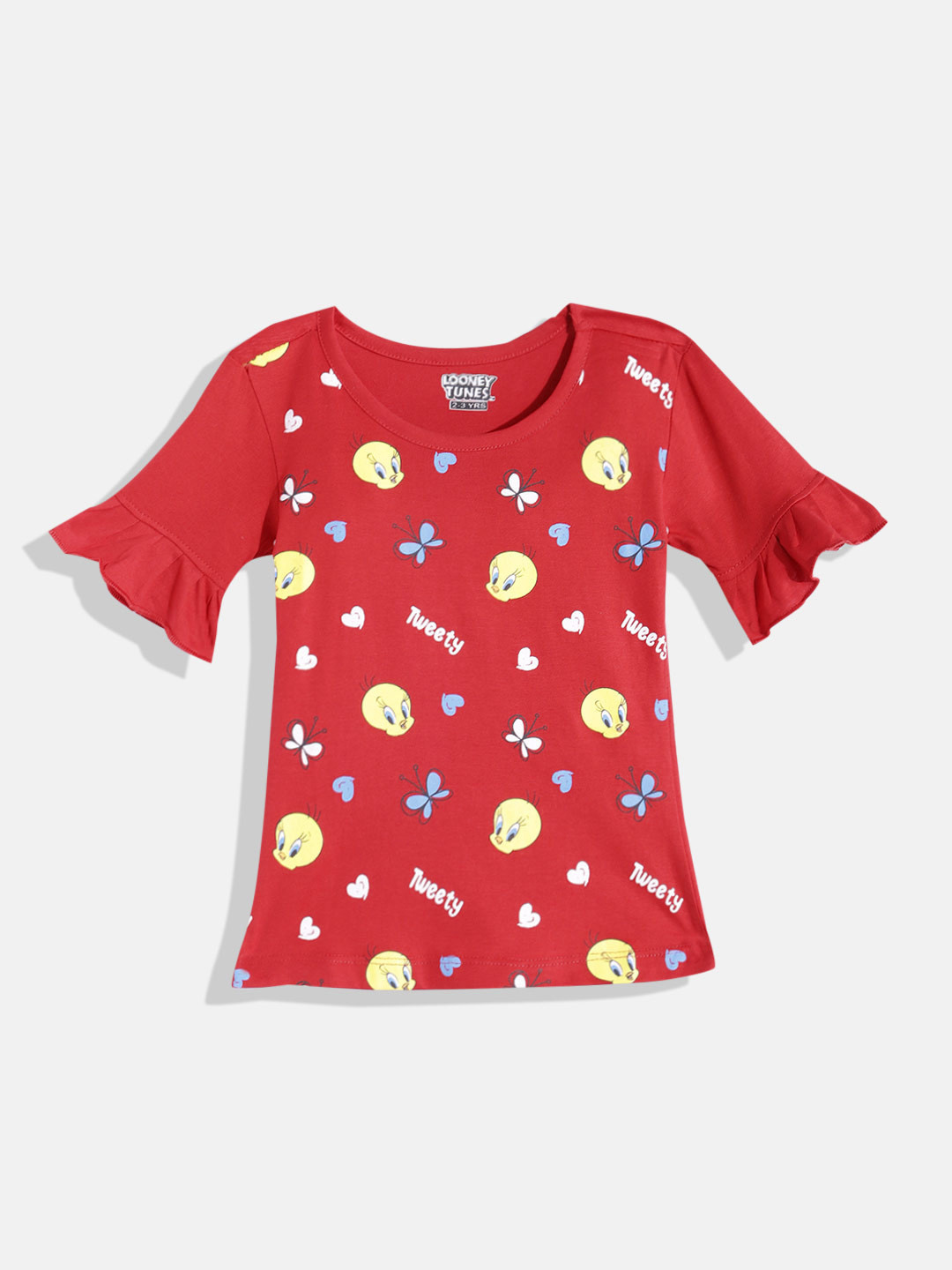 

Eteenz Girls Premium Cotton Tweety Print Bell Sleeves Top, Red