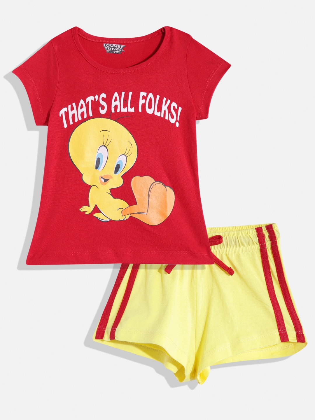 

Eteenz Girls Premium Cotton Tweety Print Top With Shorts, Red