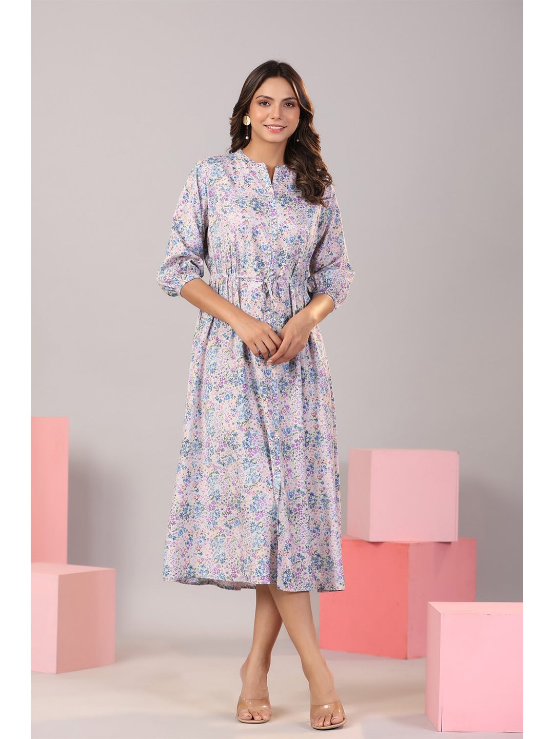 

JISORA Floral Printed Pleated Cotton A-Line Midi Dress, Lavender