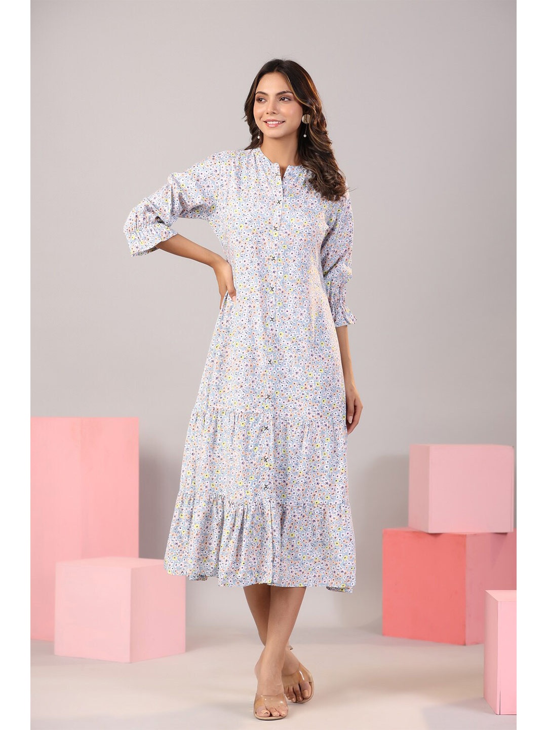 

JISORA Floral Printed Tiered Cotton A-Line Midi Dress, Blue