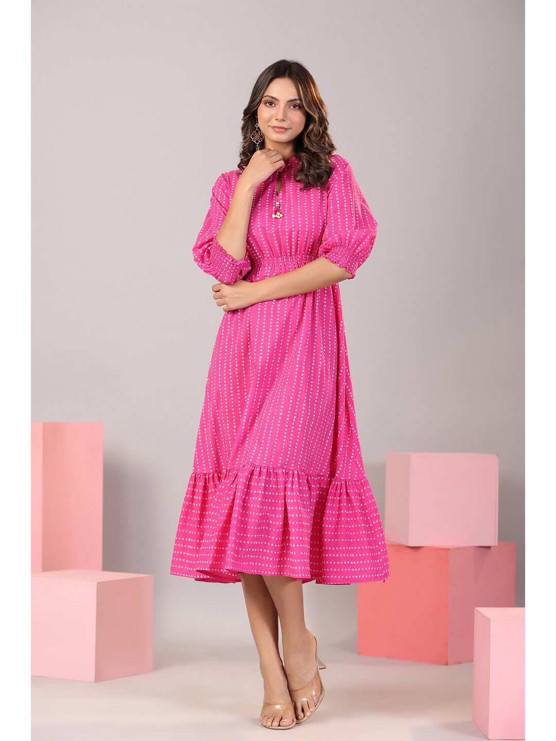 

JISORA Striped Cuffed Sleeves Cotton Fit & Flare Midi Dress, Pink