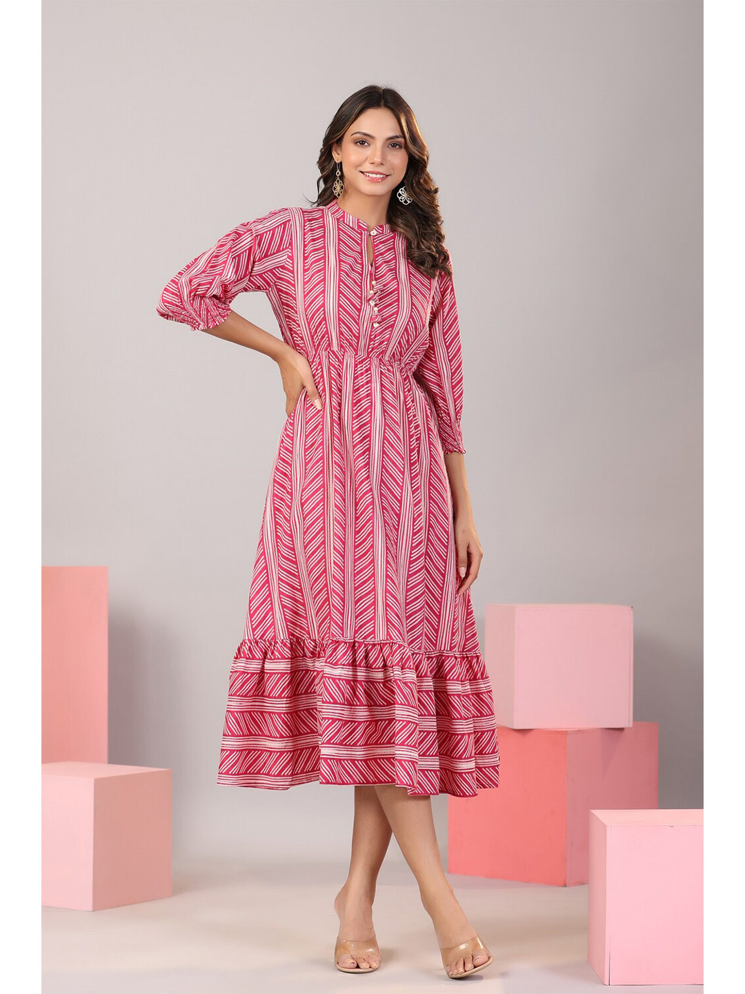 

JISORA Striped Cuffed Sleeves Cotton Fit & Flare Midi Dress, Pink