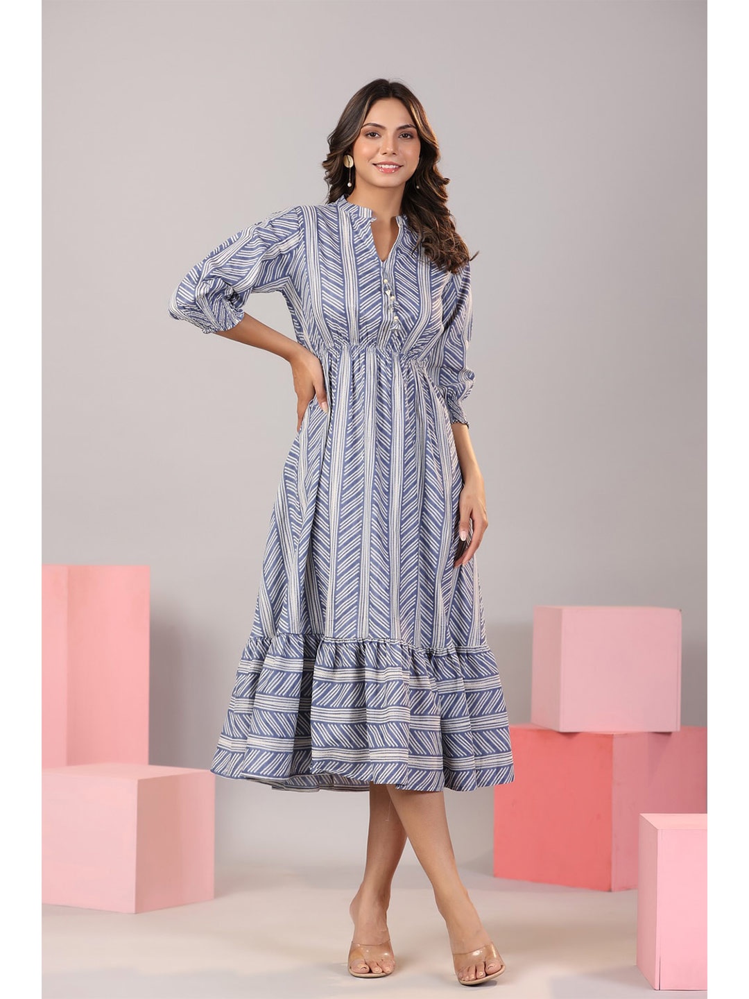 

JISORA Striped Cuffed Sleeves Cotton Fit & Flare Midi Dress, Blue