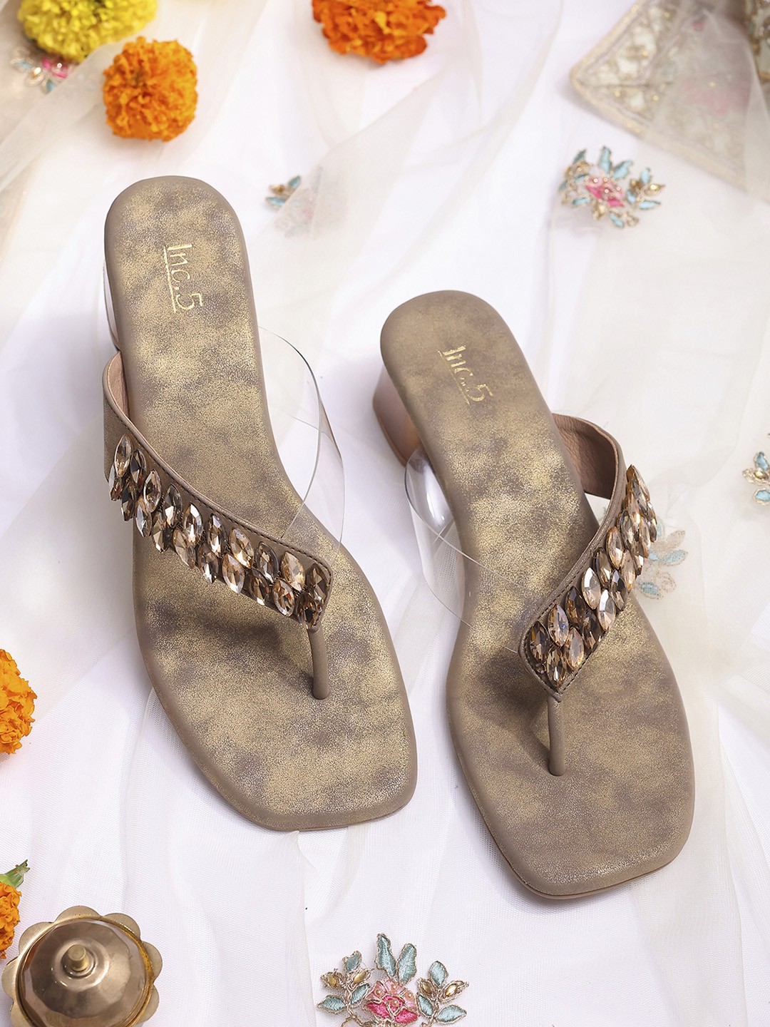 

Inc 5 Embellished Open Toe Block Heels, Gold