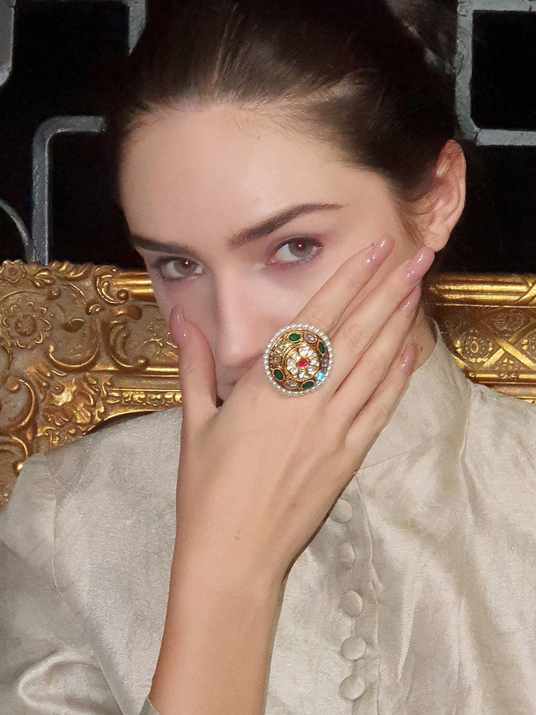 

ODETTE Women Gold-Plated Stones & Pearls Studded Round Shaped Adjustable Finger Ring