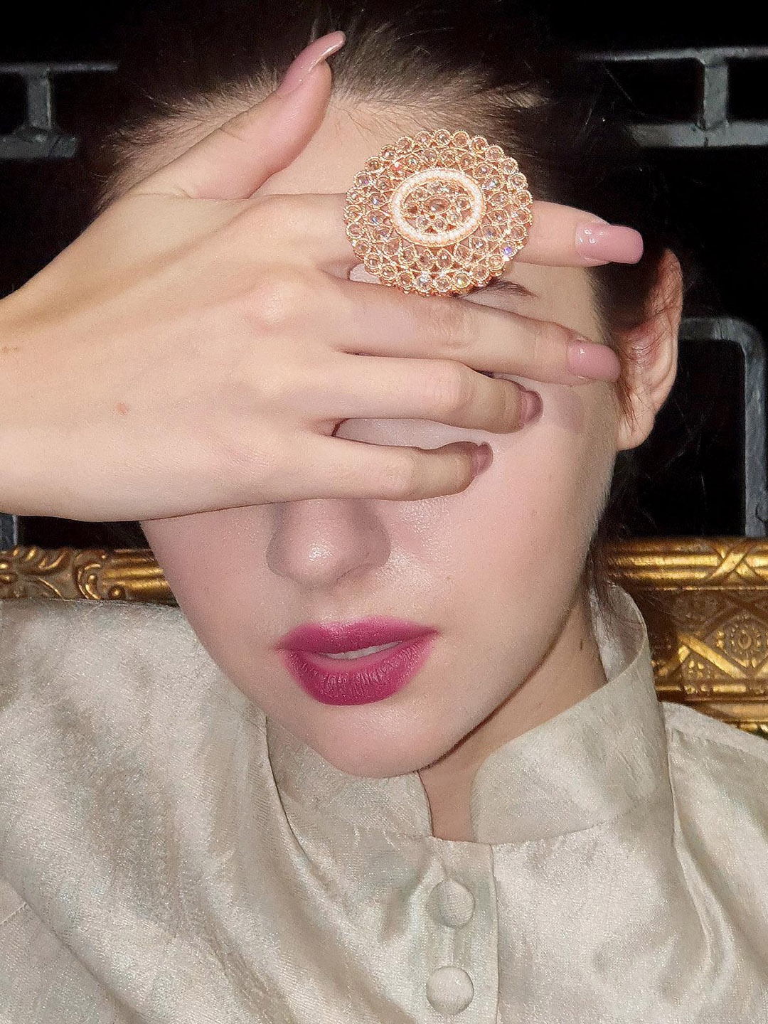 

ODETTE Gold-Plated Kundan Studded & Pearls Beaded Adjustable Finger Ring