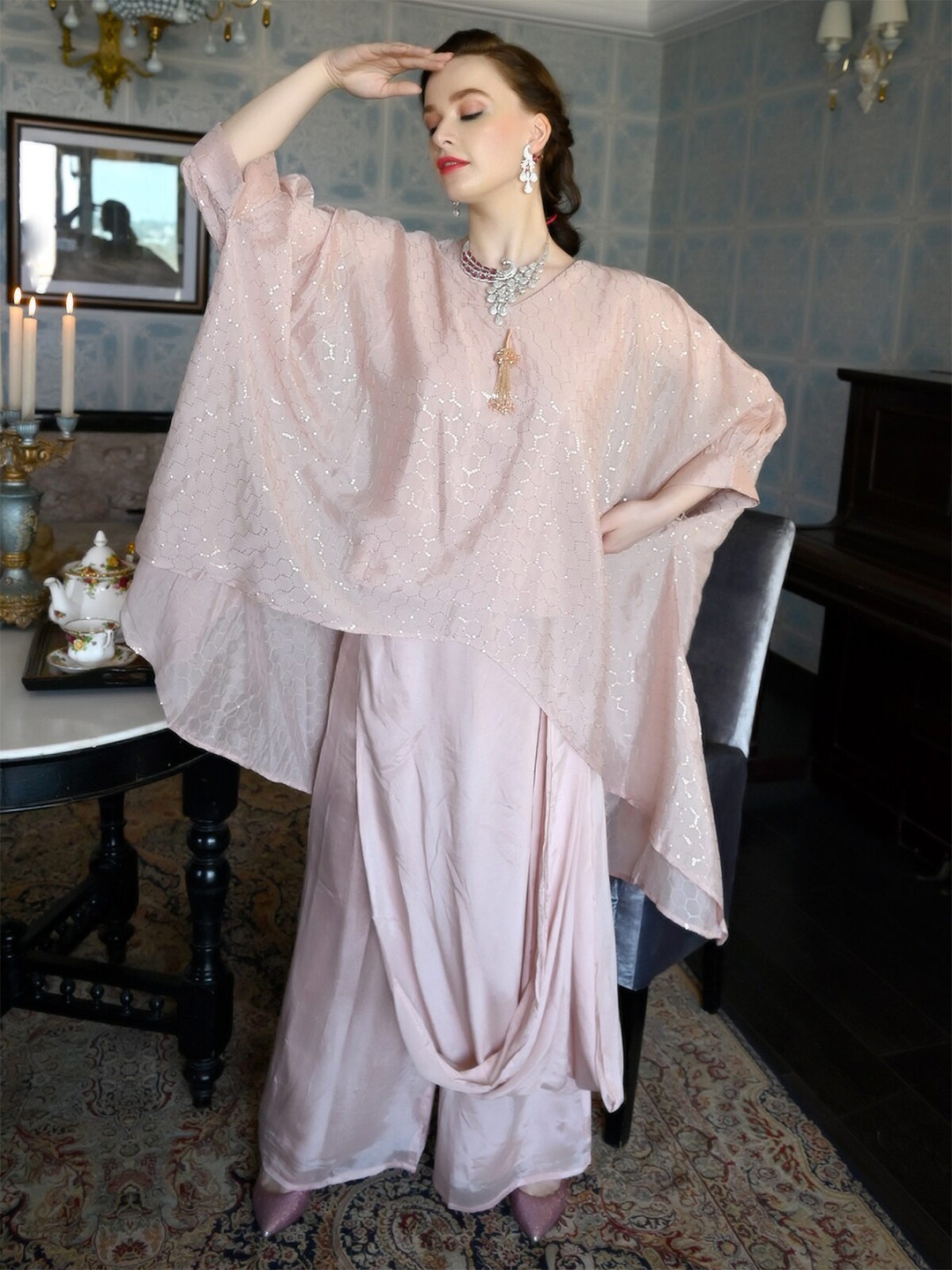 

ODETTE Pink Print Flared Sleeve Crepe Geometric Printed Kurta & Palazzo