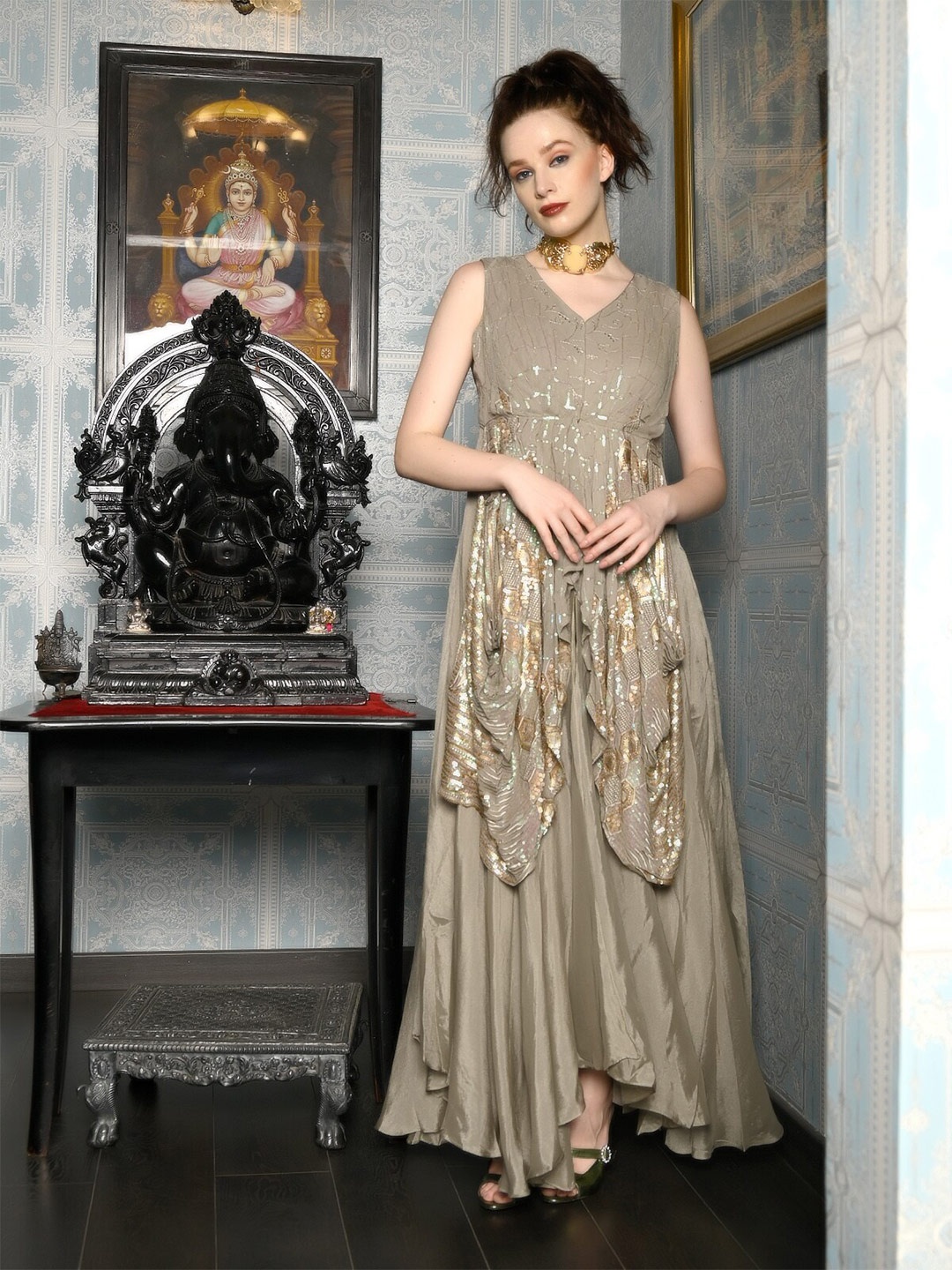 

ODETTE V-Neck Sequined Embellished Crepe Maxi Fit And Flare Dress, Beige