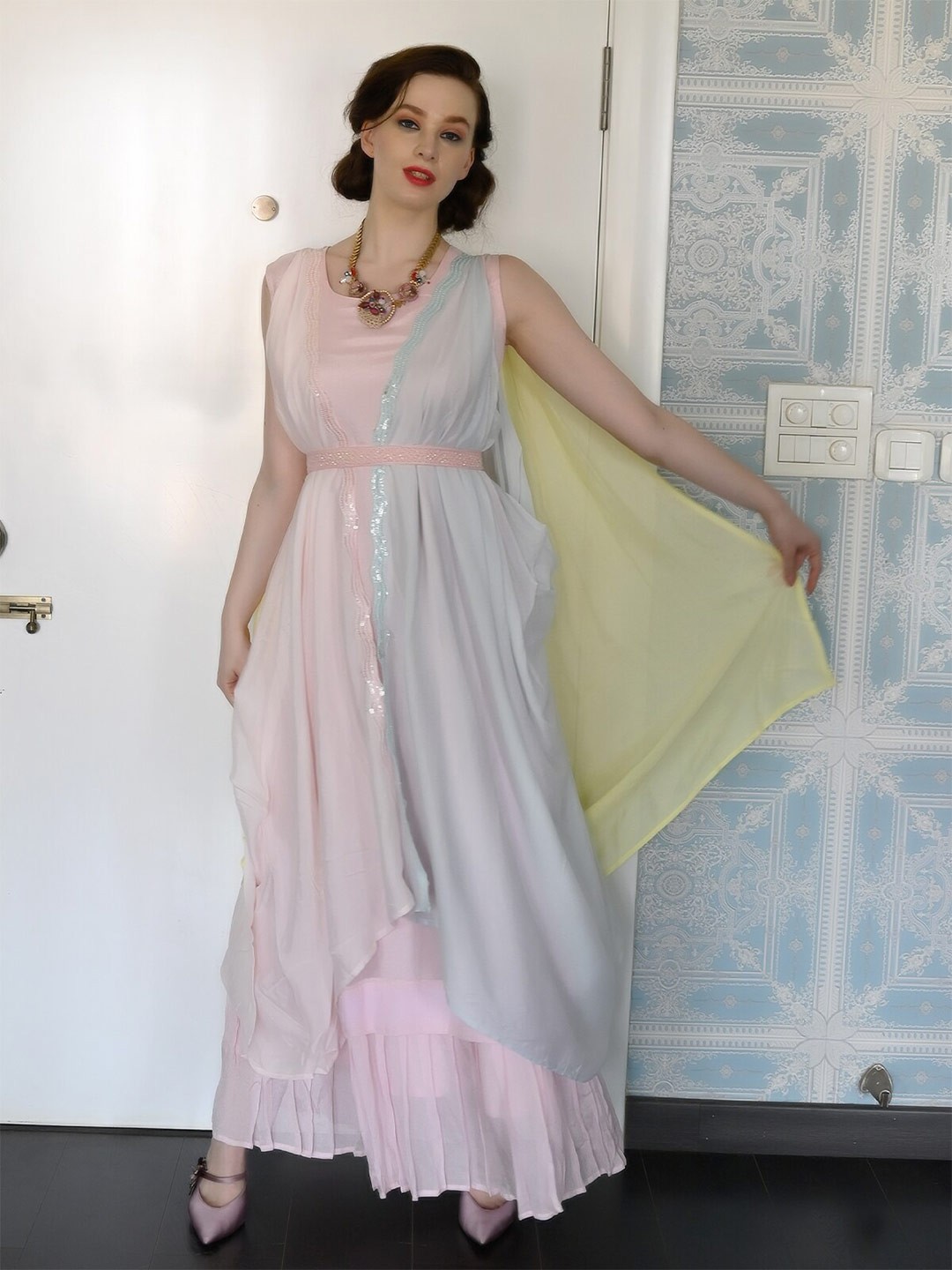 

ODETTE Round Neck Sequined Crepe Maxi Dress, Pink
