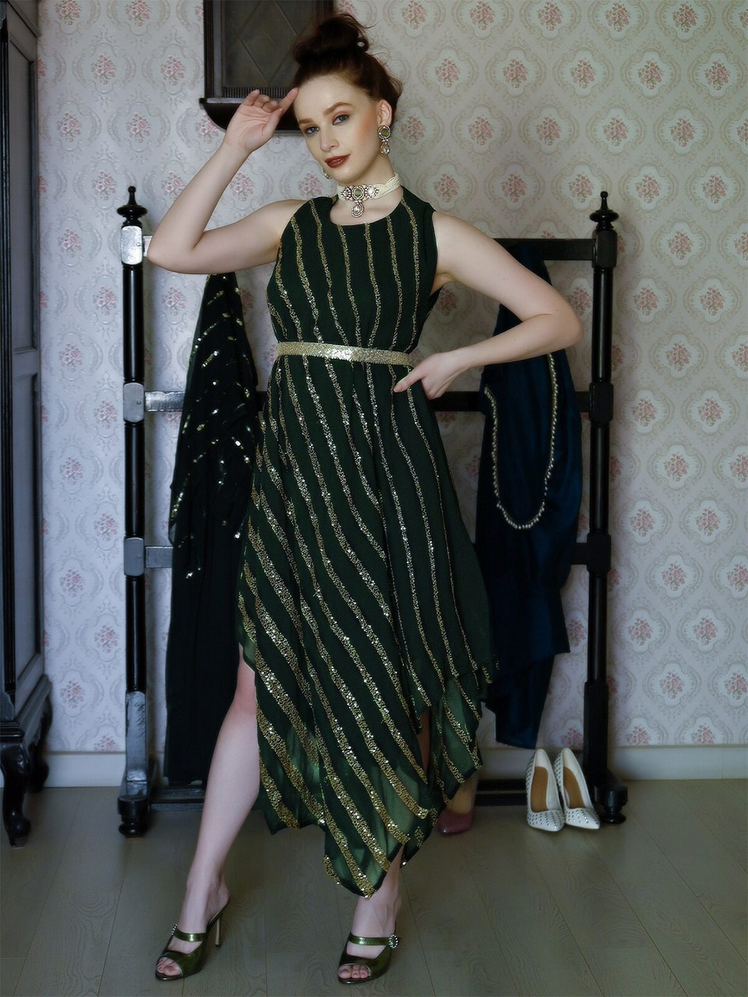 

ODETTE Round Neck Striped Sequined Crepe Maxi Dress With Belt, Green