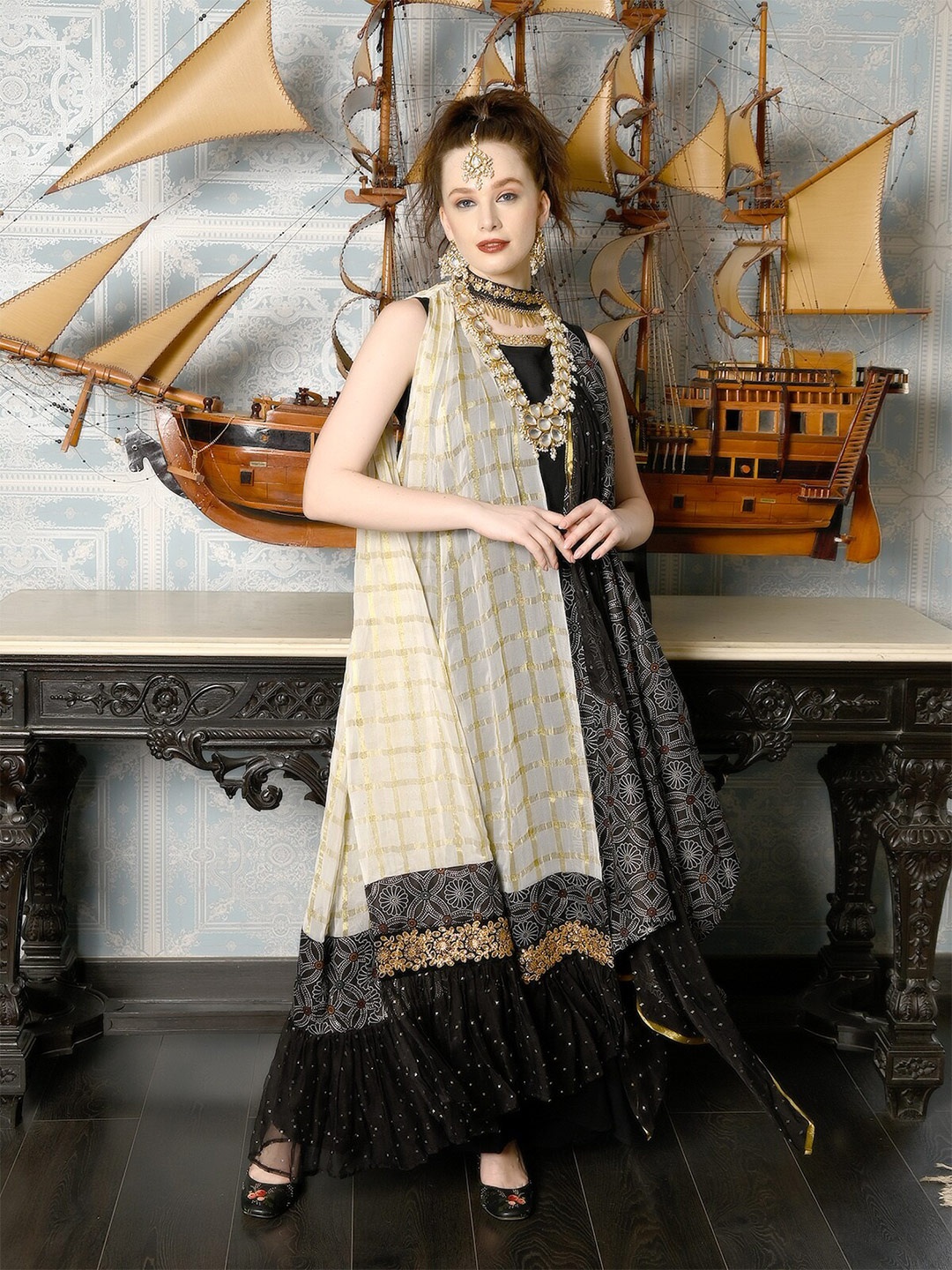 

ODETTE Square Neck Checked Embellished Fit And Flare Ethnic Dress, Black