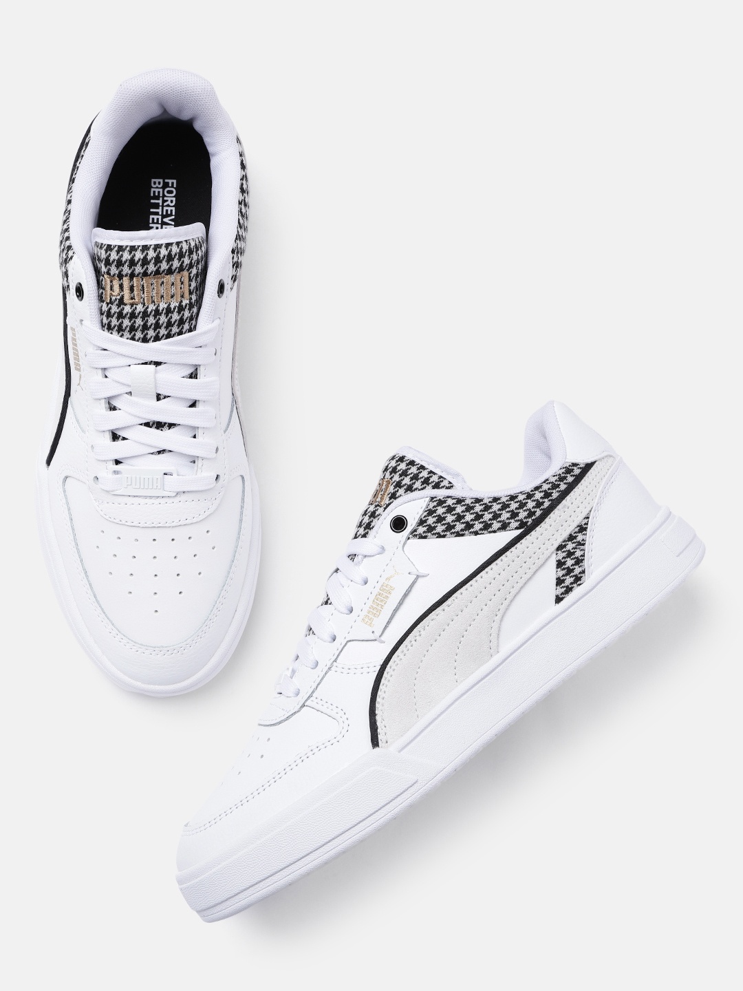 

Puma Unisex Caven Dime Houndstooth Perforated Leather Sustainable Sneakers, White