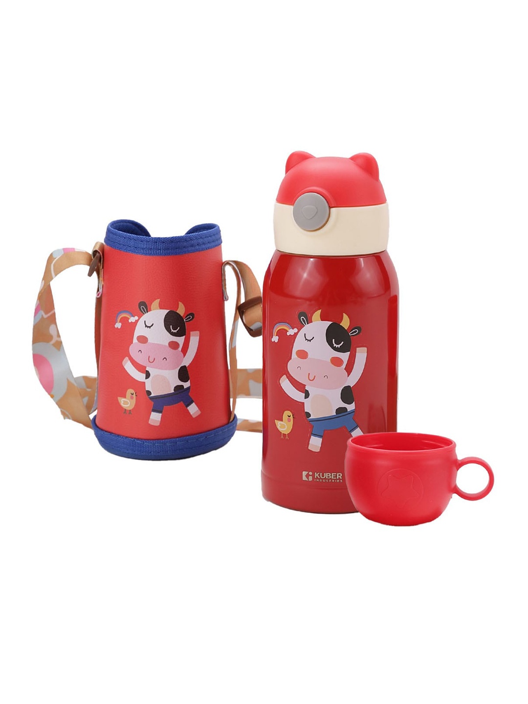 

Kuber Industries Kids Red Water Bottle With Straw, Cup & Fabric Cover 500 ml