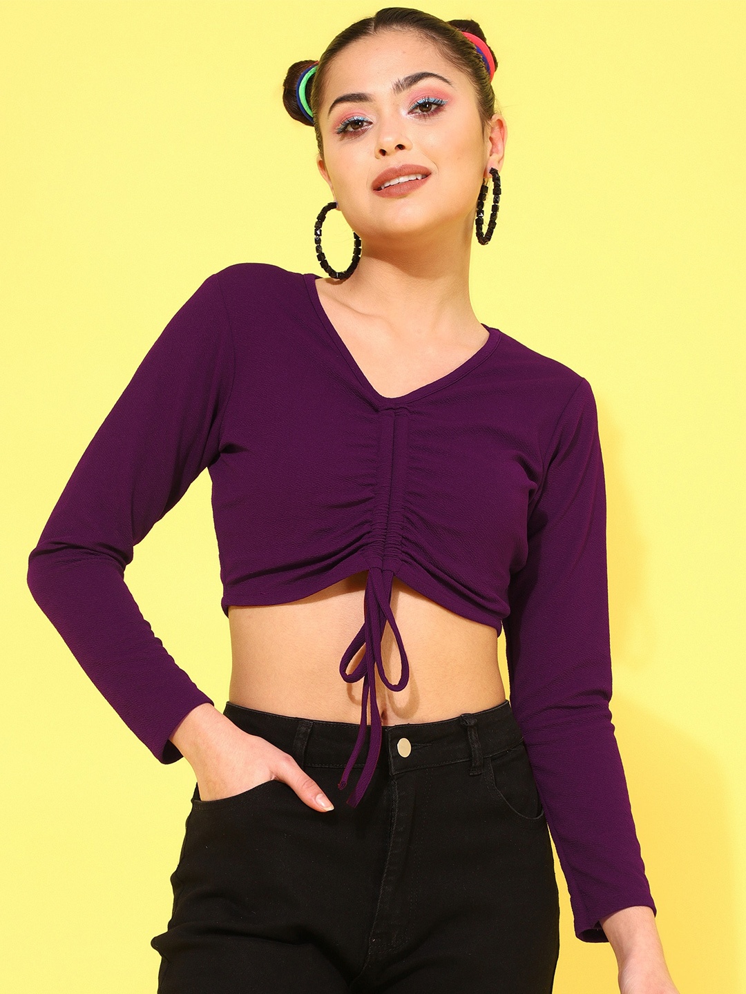 

Oomph! V-Neck Long Sleeves Gathered Ruched Crop Top, Purple