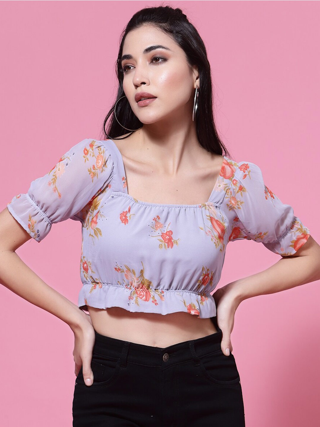 

Oomph! Floral Printed Puff Sleeves Georgette Crop Top, Lavender