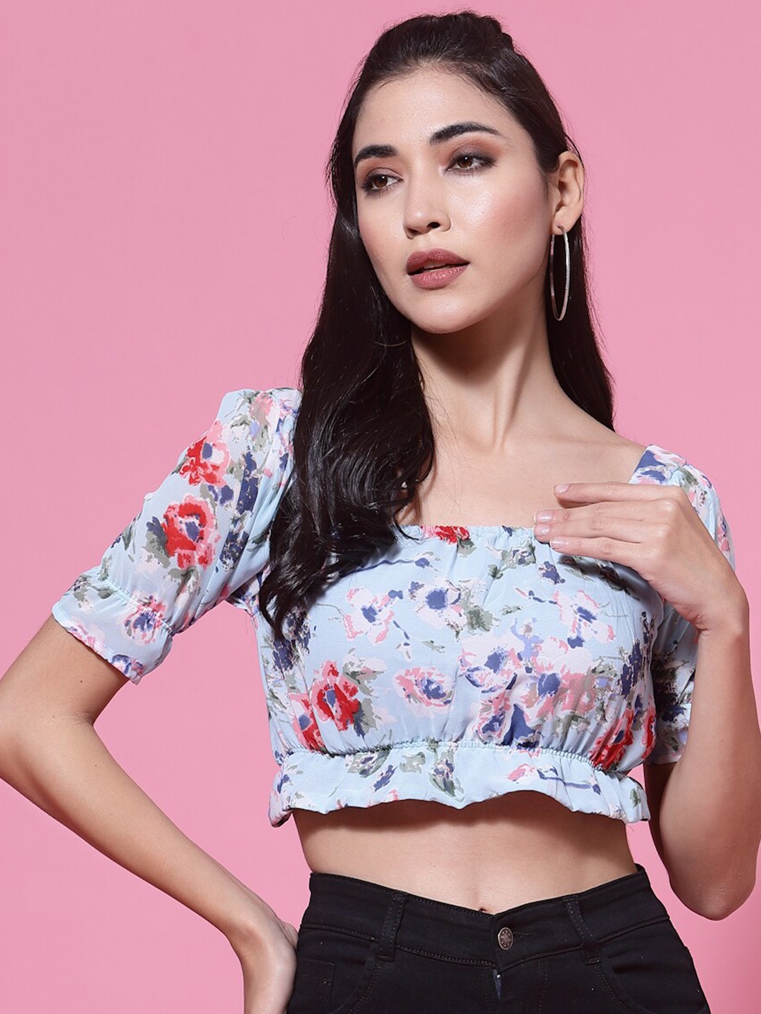 

Oomph! Floral Printed Puff Sleeves Gathered Bardot Crop Top, Blue