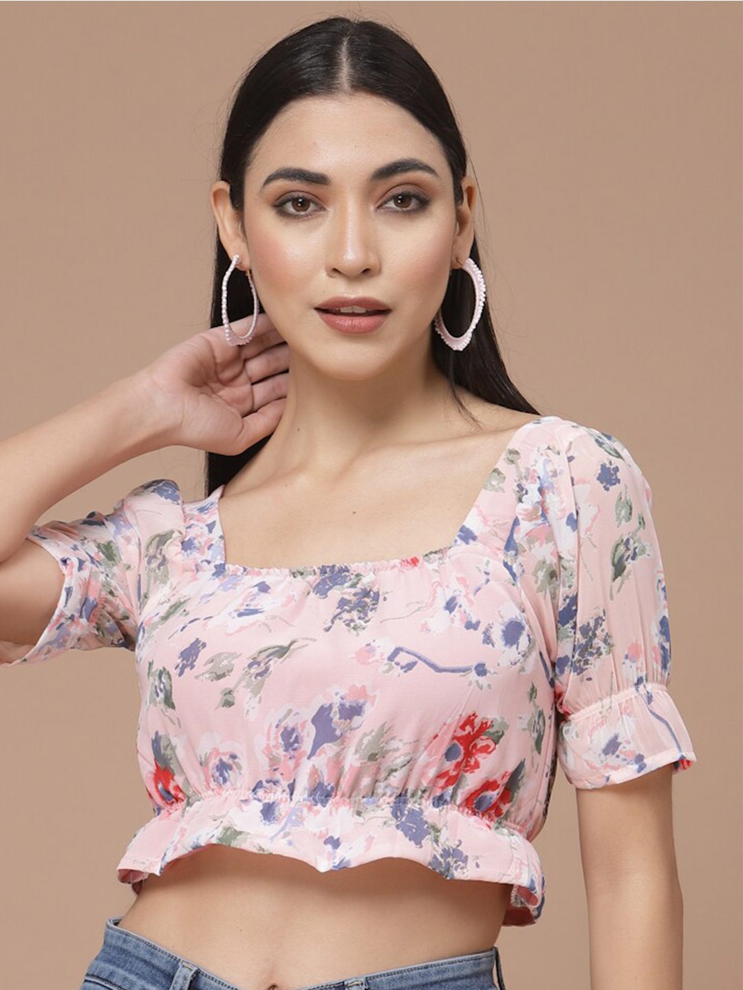 

Oomph! Floral Printed Puff Sleeves Georgette Crop Top, Peach