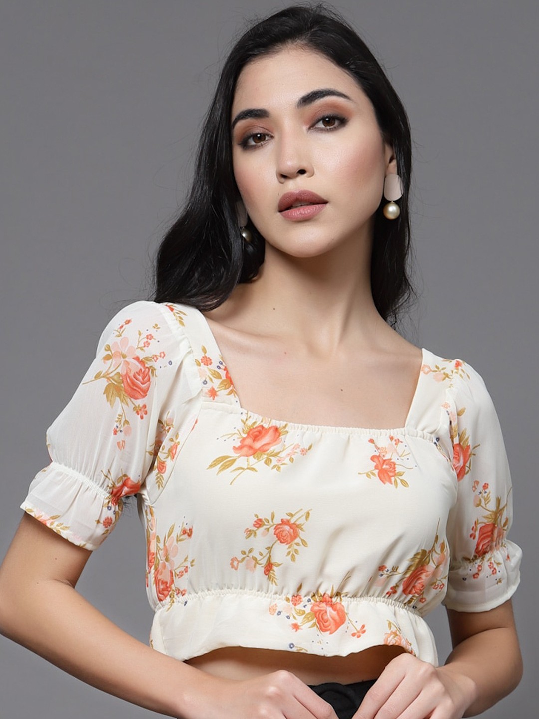 

Oomph! Floral Printed Puff Sleeves Georgette Crop Top, Beige