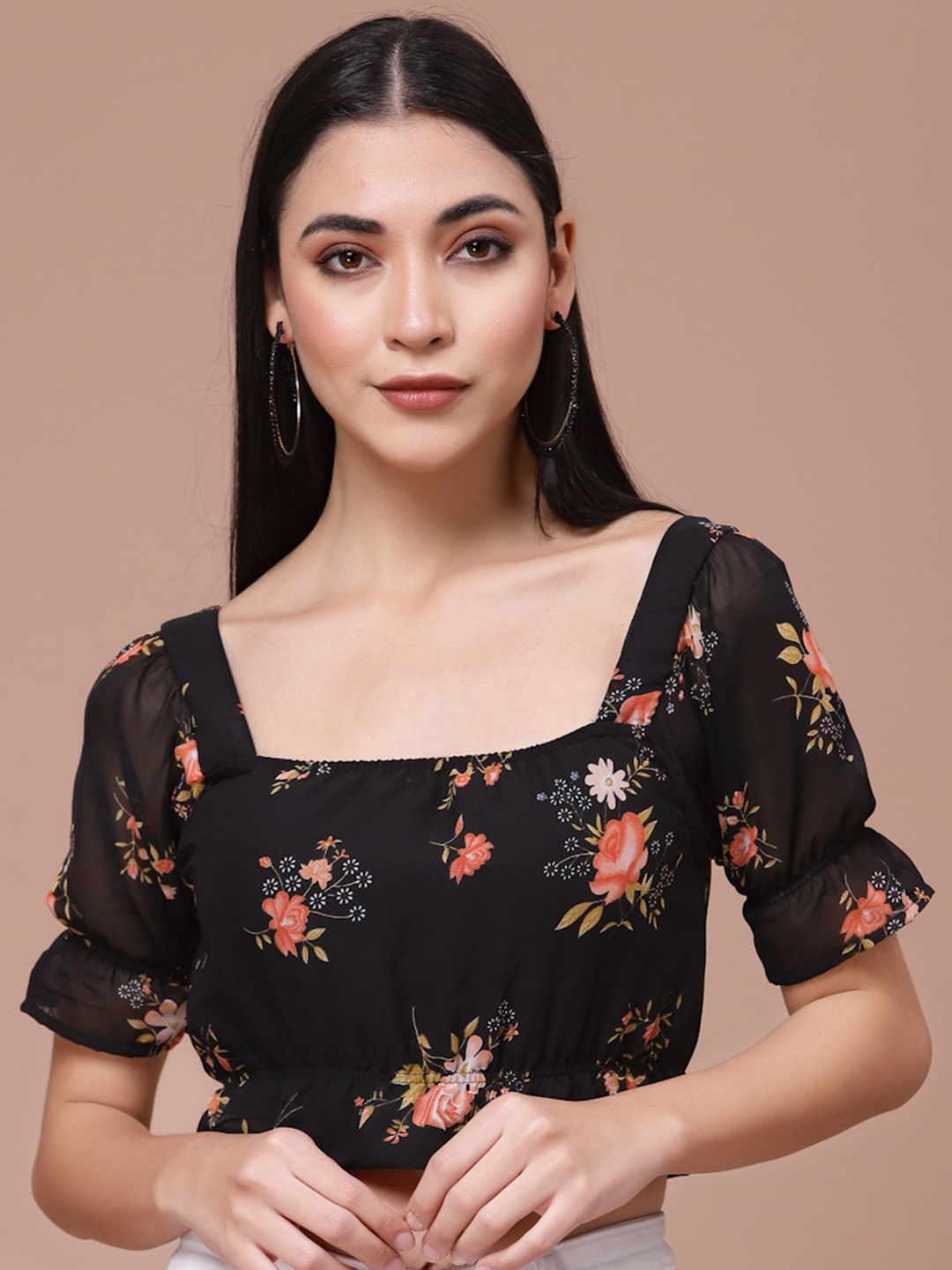 

Oomph! Floral Printed Puff Sleeves Georgette Crop Top, Black