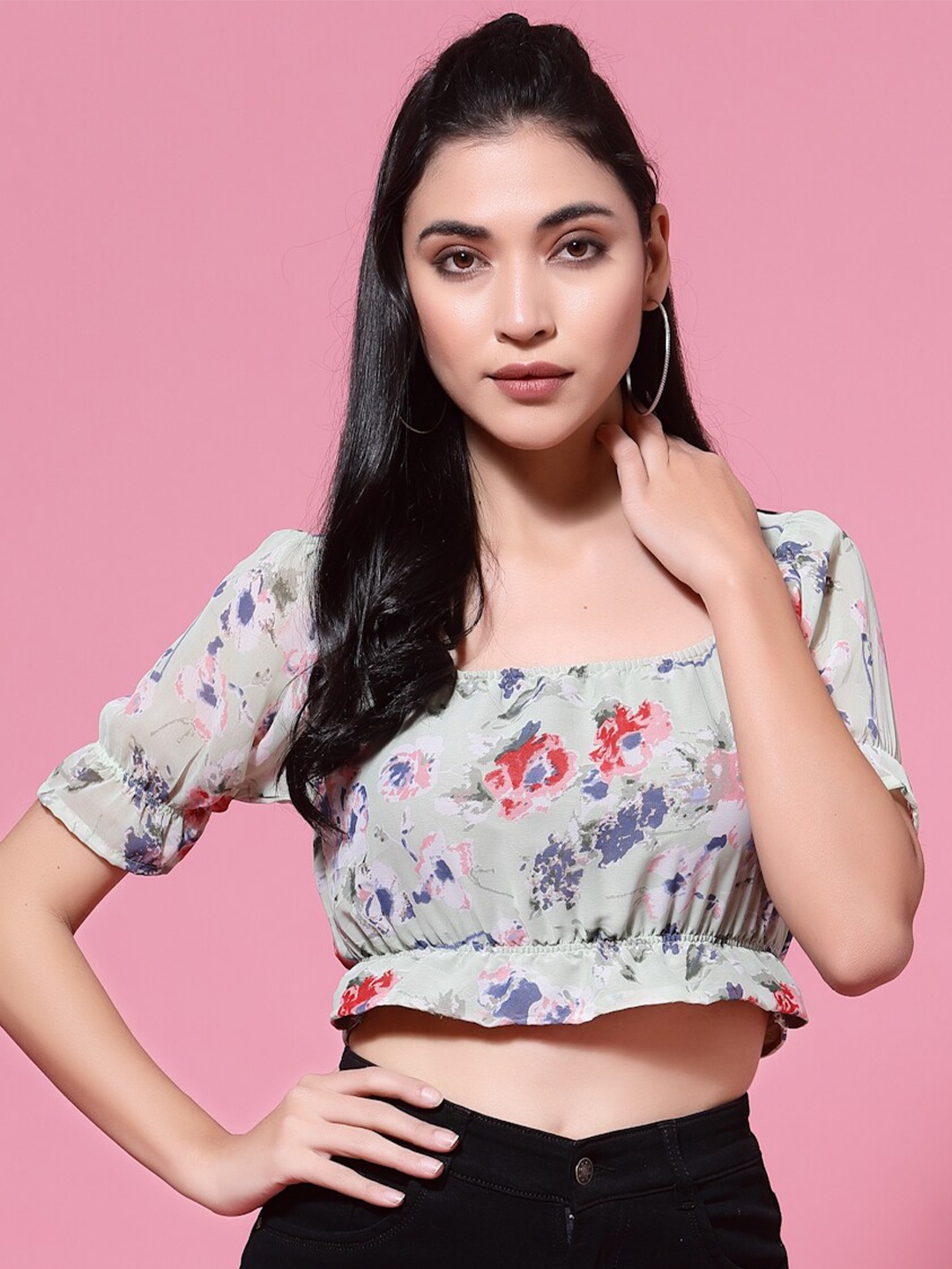 

Oomph! Floral Printed Puff Sleeves Gathered Bardot Crop Top, Green