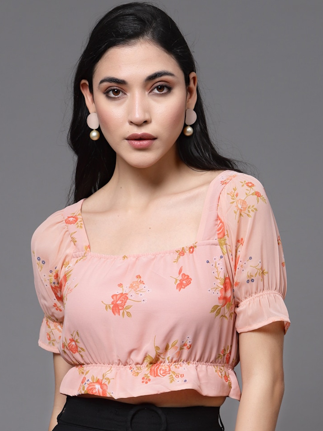 

Oomph! Floral Printed Puff Sleeve Ruffles Blouson Crop Top, Peach