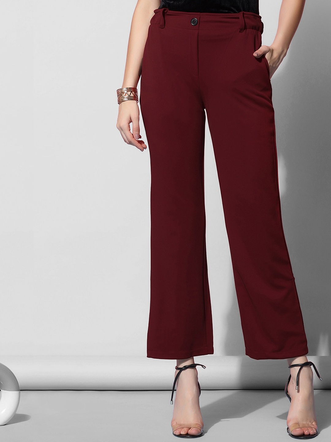 

Selvia Women High-Rise Knitted Easy Wash Parallel Trousers, Maroon