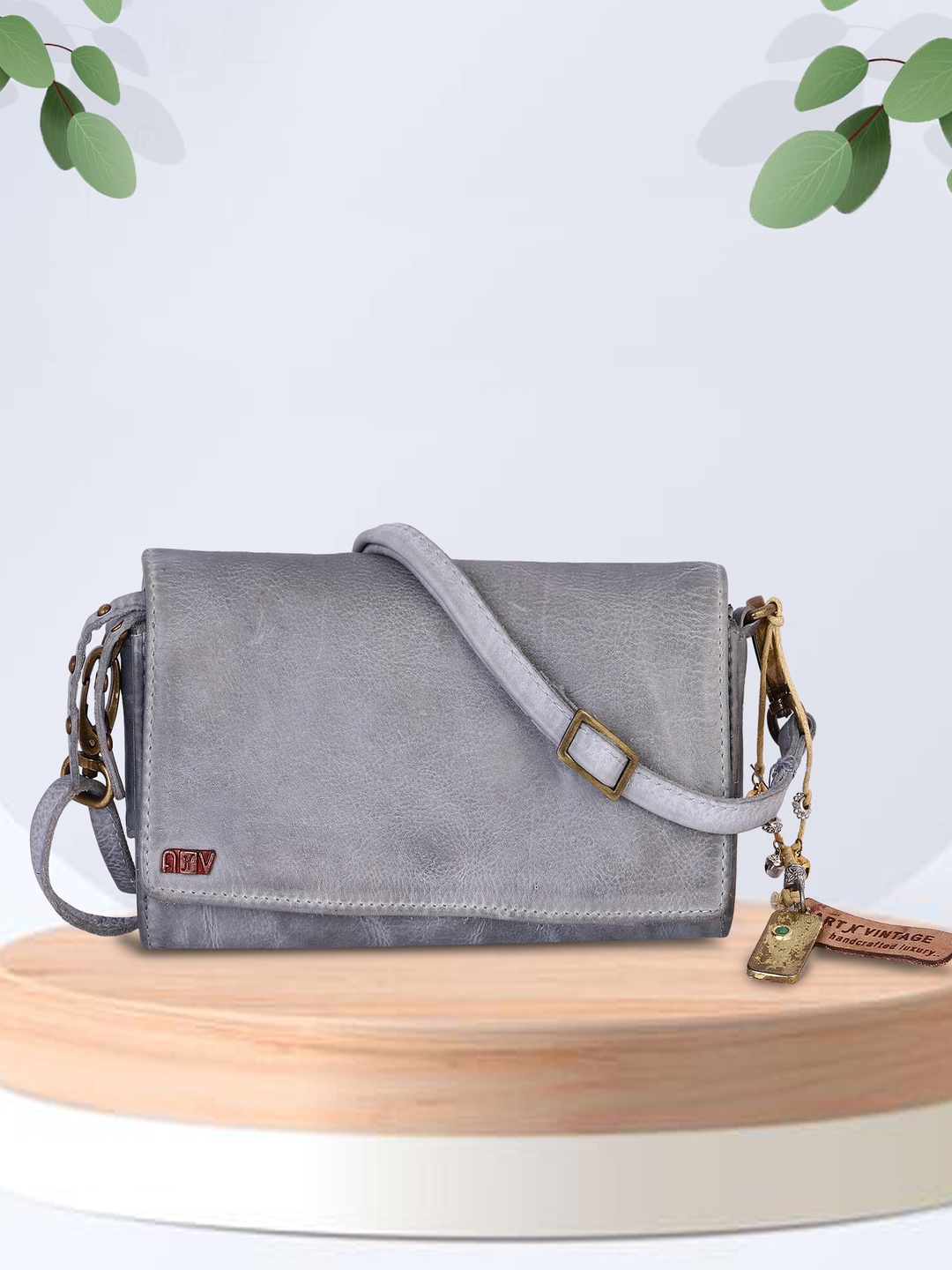 

ART N VINTAGE Leather Swagger Sling Bag with Tasselled, Grey