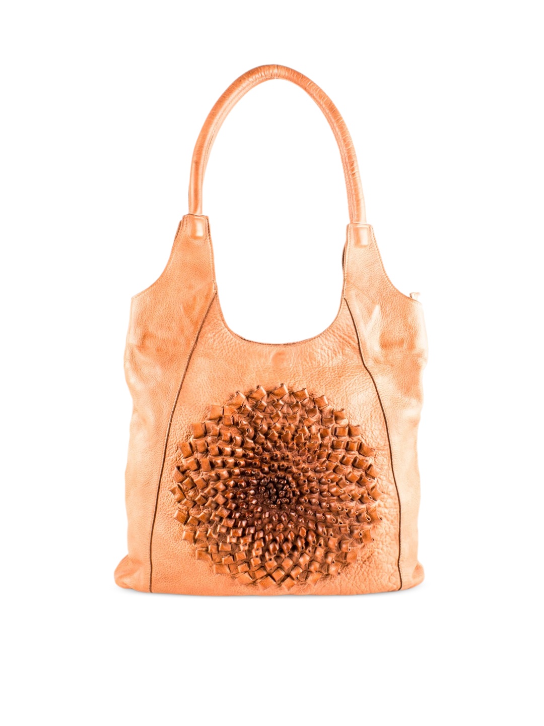 

ART N VINTAGE Leather Oversized Bucket Shoulder Bag with Applique, Peach