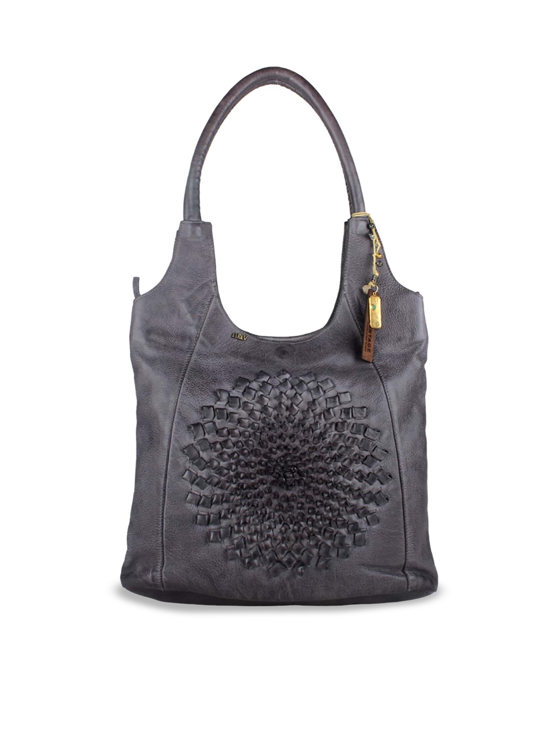 

ART N VINTAGE Leather Oversized Bucket Shoulder Bag with Applique, Grey