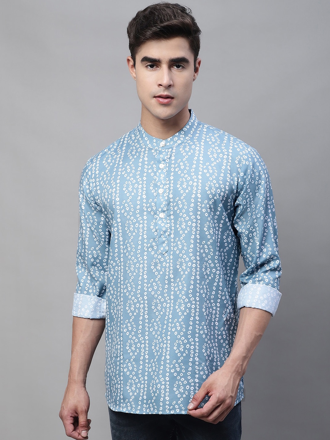 

Anouk Blue & White Bandhani Printed Band Collar Short Kurta