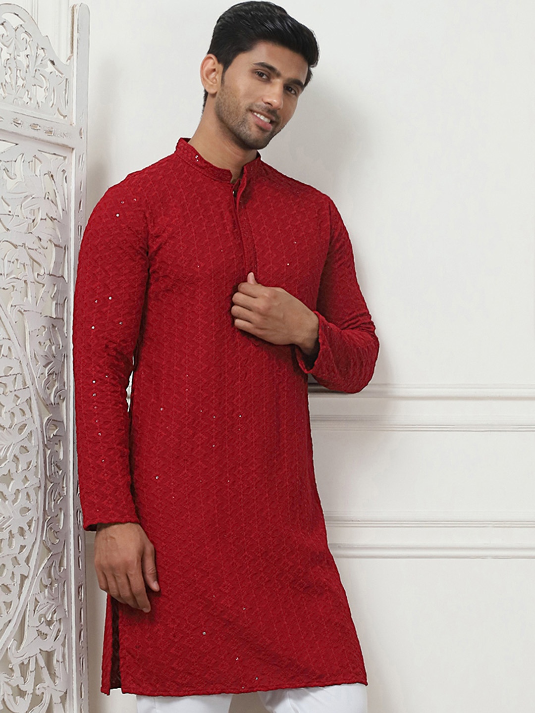 

Anouk Maroon Embroidered Band Collar Sequinned Kurta